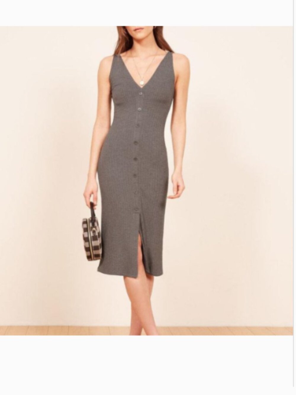 Reformation Nancy Ribbed Midi Tank Dress Button Front in Gray Sz XS